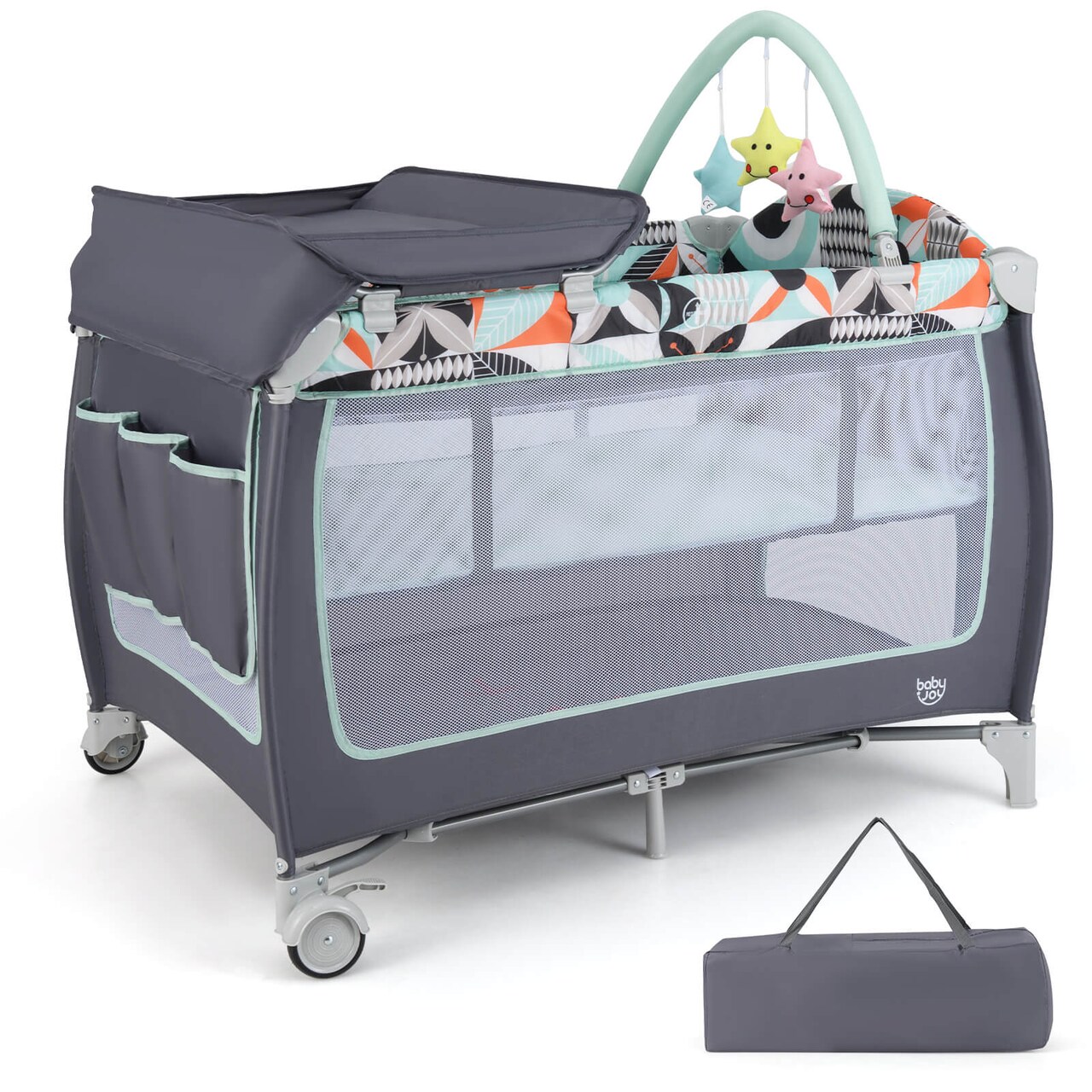 Babyjoy 3 in 1 Baby Playard Portable Infant Nursery Center w/ Zippered Door Pink/Grey/Pink & White/Green